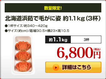 北海道浜茹で毛がに姿 約1.1kg(3杯)