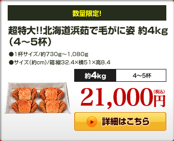 超特大!!北海道浜茹で毛がに姿約4kg(4〜5杯)