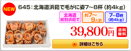 《NEW》645：北海道浜茹で毛がに姿7～8杯（約4kg）39,800円（税込）送料無料