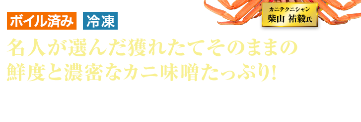 ボイル済 冷凍 名人が選んだ獲れたてそのままの鮮度と濃密なカニ味噌たっぷり！ 熟練テクニシャンの柴山祐毅氏のこだわりが詰まったカニをお届け。本ずわいがにの繊細な味わいと甘みをご堪能ください。