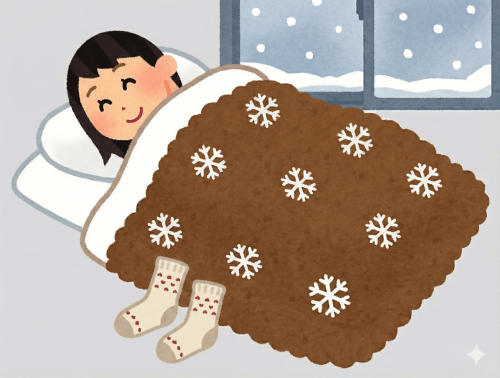 冬の夜、ベッドで眠る女性のイラスト