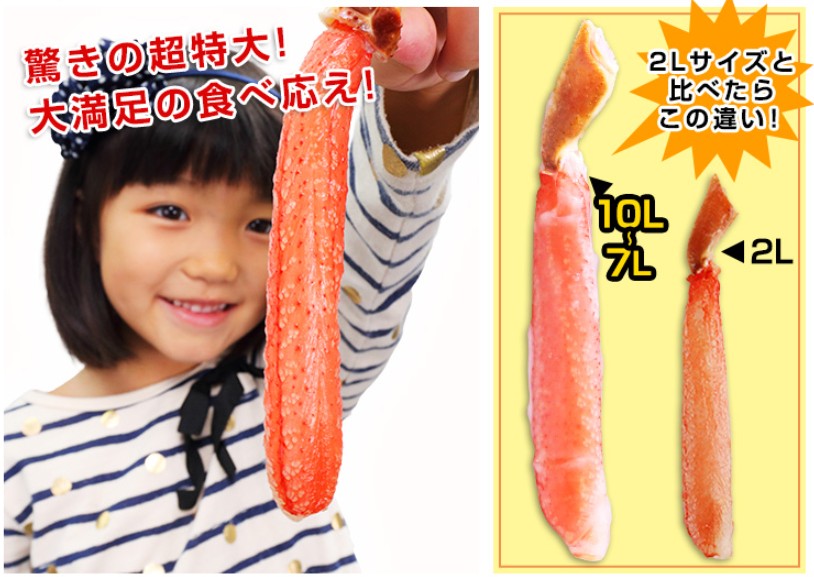 超特大10L~7Lのずわい脚肉の大きさと、2Lサイズとの比較