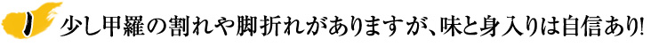 少し甲羅の割れや脚折れがありますが、味と身入りは自信あり！