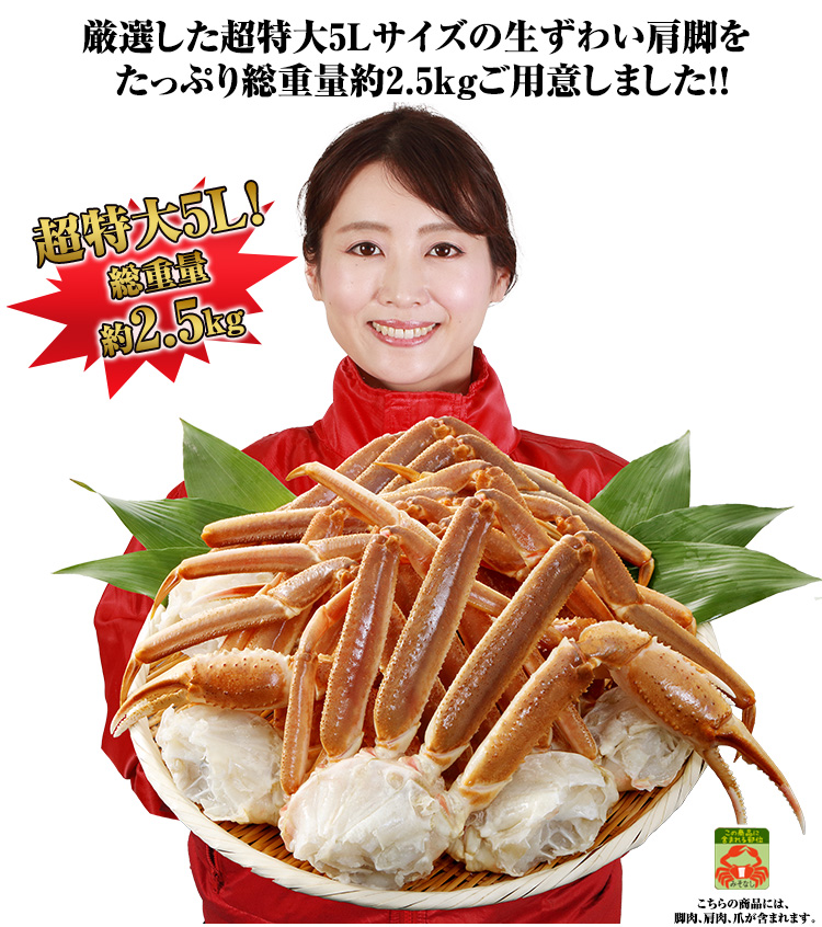 厳選した超特大5Lサイズの生ずわい肩脚をたっぷり総重量約2.5kgご用意しました！！