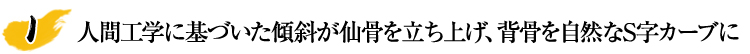 人間工学に基づいた傾斜が仙骨を立ち上げ、自然な背骨のS字カーブへ