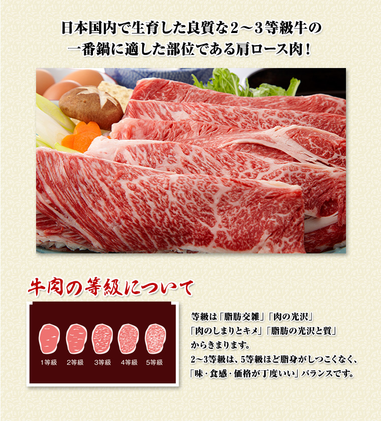 日本国内で生育した良質な2～3等級牛の一番鍋に適した部位である肩ロース肉！