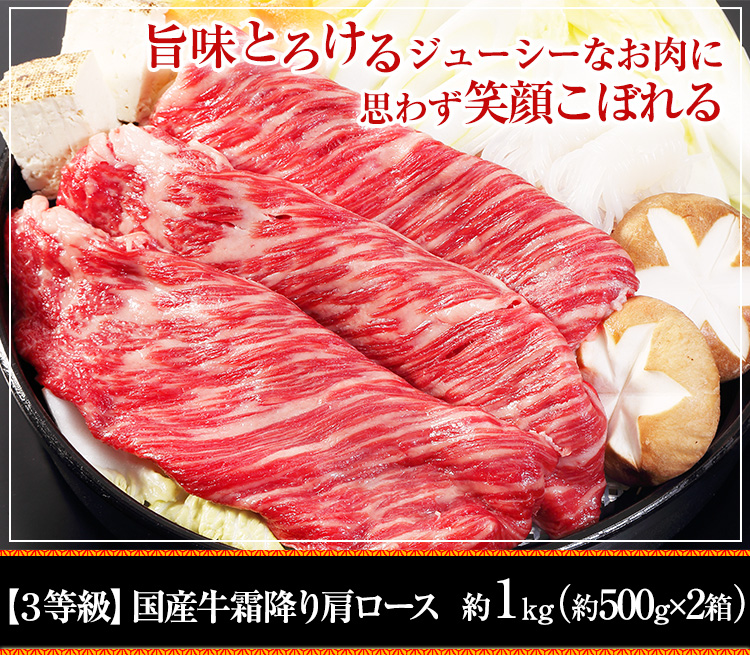 【2～3等級】国産牛霜降り肩ロース 約1kg（約500g×2箱）