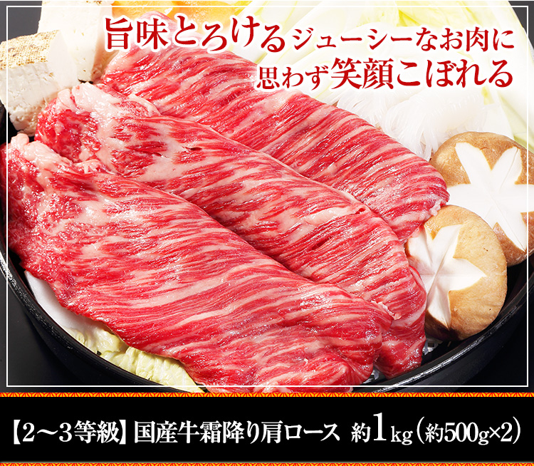 【2～3等級】国産牛霜降り肩ロース 約1kg（約500g×2箱）