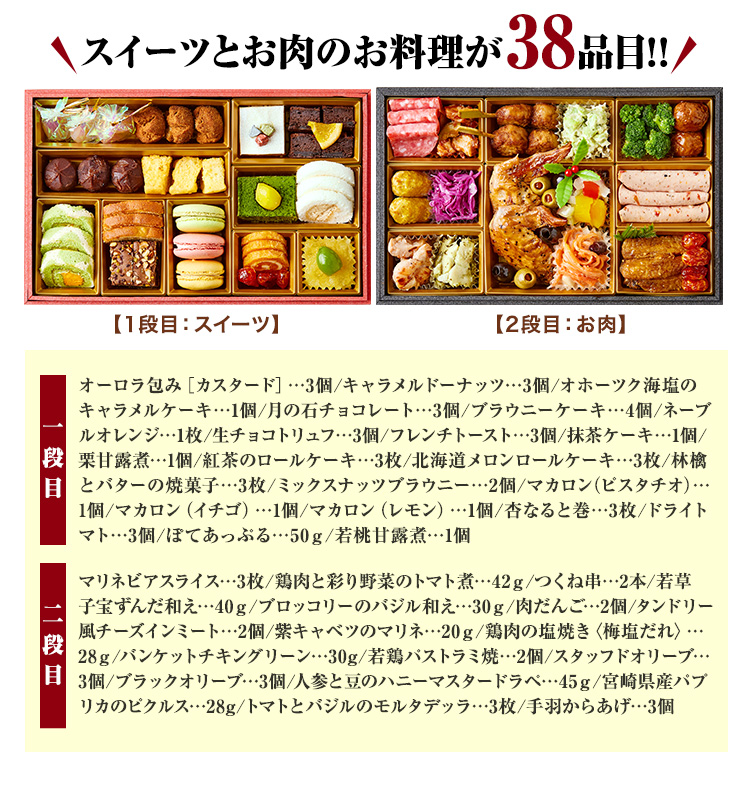 お肉とスイーツのお料理が38品目