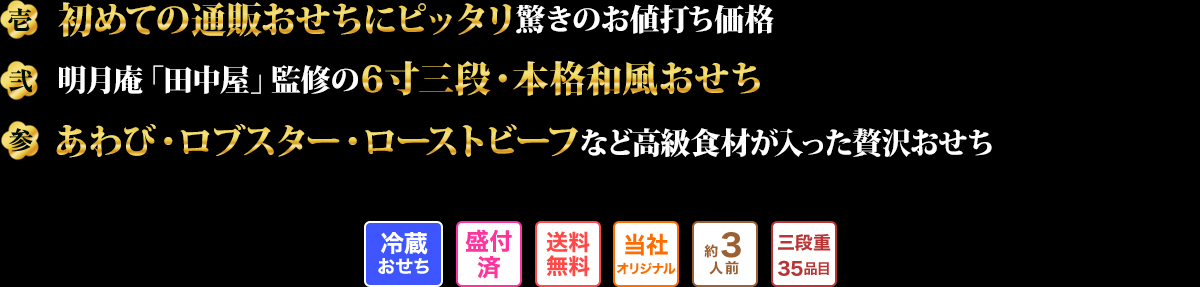 壱 初めての通販おせちにピッタリ驚きのお値打ち価格 弐 明月庵「田中屋」監修の6寸三段・本格和風おせち 参 あわび・ロブスター・ローストビーフなど高級食材が入った贅沢おせち
