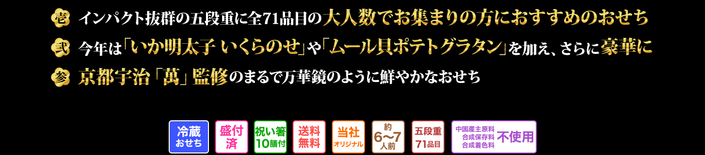 壱 インパクト抜群の五段重に全71品目の大人数でお集まりの方におすすめのおせち 弐 今年は「いか明太子いくらのせ」や「ムール貝ポテトグラタン」を加え、さらに豪華に 参 京都宇治「萬」監修のまるで万華鏡のように鮮やかなおせち
