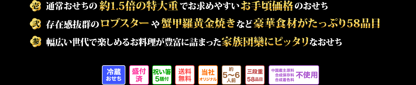 壱 通常おせちの約1.5倍の特大重でお求めやすいお手頃価格のおせち 弐 存在感抜群のロブスターや蟹甲羅黄金焼きなど豪華食材がたっぷり58品目 参 幅広い世代で楽しめるお料理が豊富に詰まった家族団欒にピッタリなおせち