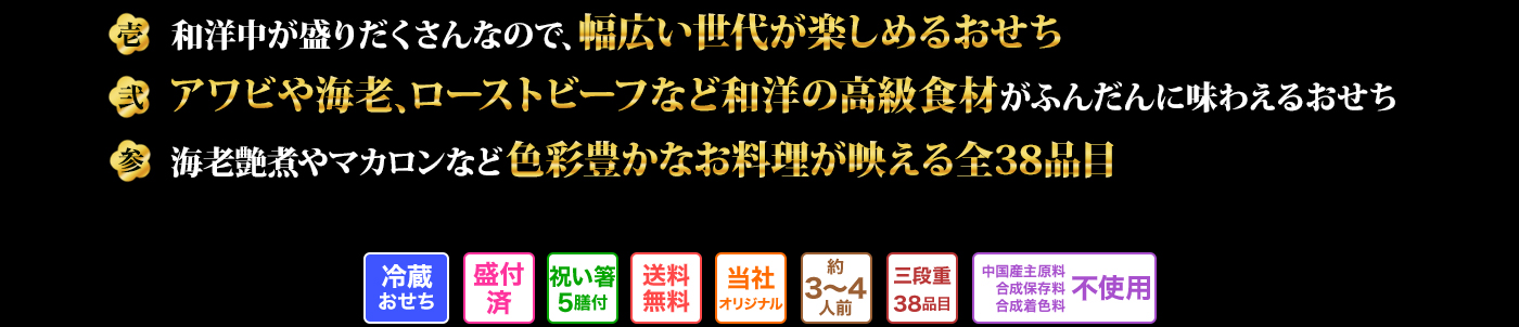 壱　和洋中が盛りだくさんなので、幅広い世代が楽しめるおせち 弍　アワビやウニ、ローストビーフなど和洋の高級食材がふんだんに味わえるおせち 参　海老艶煮やマカロンなど色彩豊かなお料理が映える全38品目