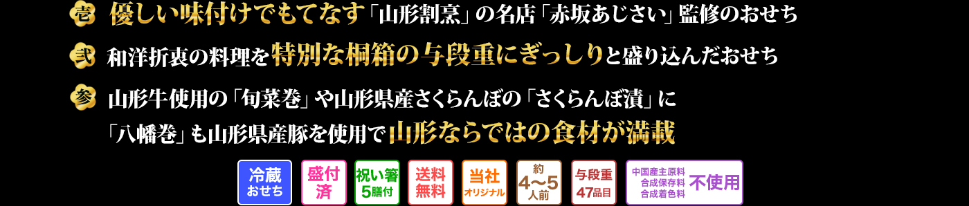 壱 優しい味付けでもてなす「山形割烹」の名店「赤坂あじさい」監修のおせち 弐 和洋折衷の料理を特別な桐箱の与段重にぎっしりと盛り込んだおせち 参 山形牛使用の「旬菜巻」や山形県産さくらんぼの「さくらんぼ漬」に「八幡巻」も山形県産豚を使用で山形ならではの食材が満載