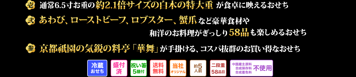 壱 通常6.5寸お重の約2.1倍サイズの白木の特大重が食卓に映えるおせち 弐 あわび、ローストビーフ、ロブスター、蟹爪など豪華食材や和洋のお料理がぎっしり58品も楽しめるおせち 参 京都祇園の気鋭の料亭「華舞」が手掛ける、コスパ抜群のお買い得なおせち