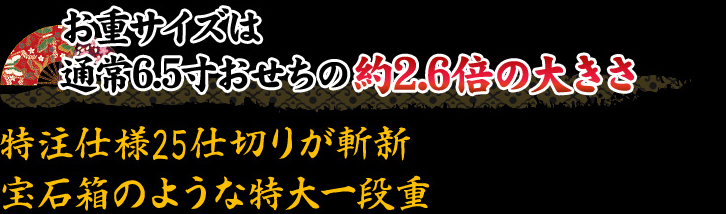 お重サイズは通常6.5寸おせちの約2.6倍の大きさ