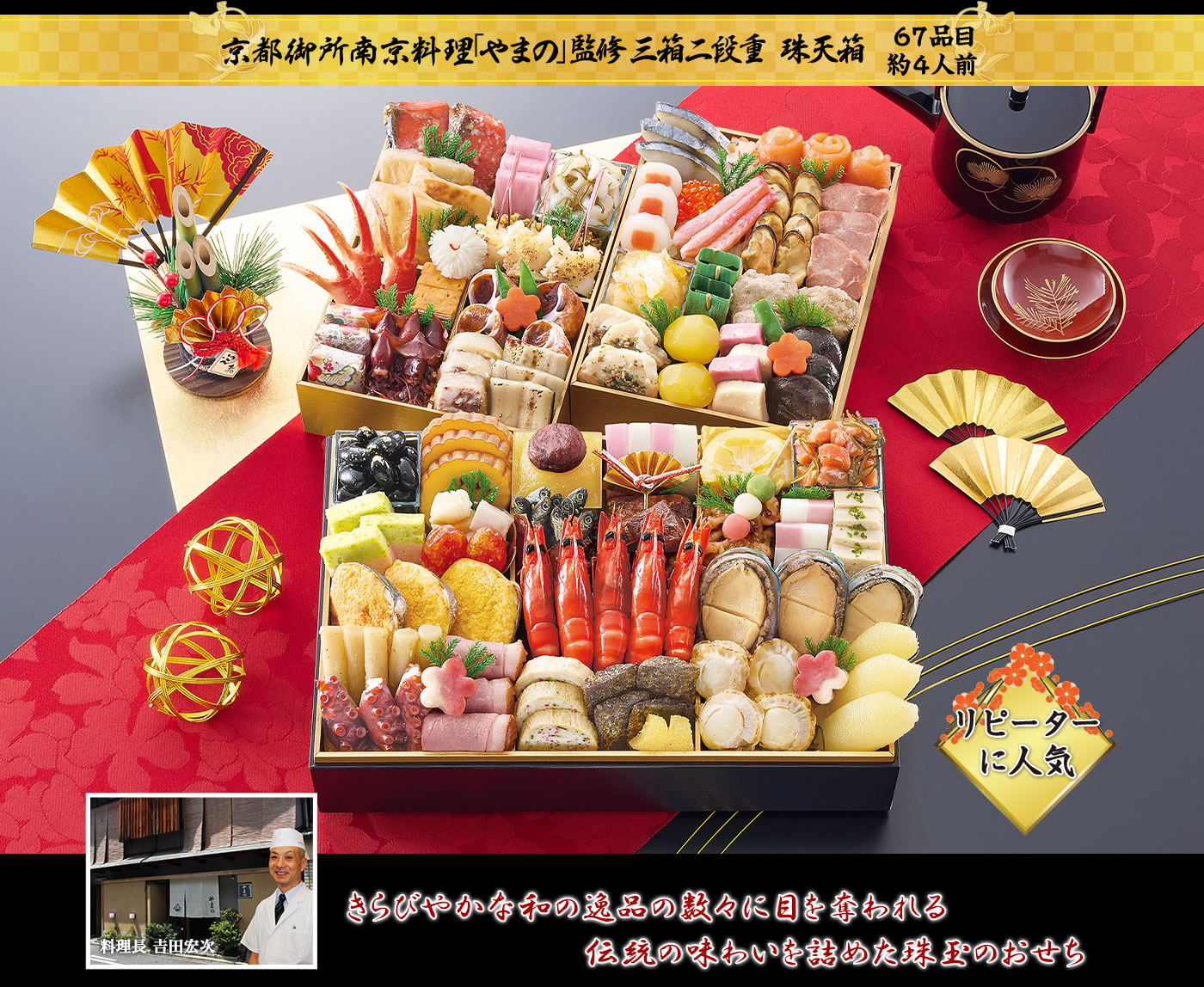 京都御所南京料理「やまの」監修 三箱二段重 珠天箱 新春を彩る色とりどりの品々 伝統の味わいときらびやかさが感じられるおせち