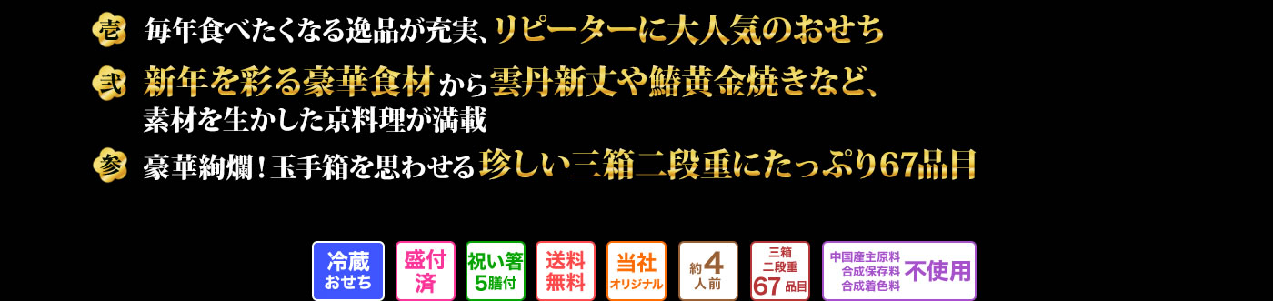 壱 毎年食べたくなる逸品が充実、リピーターに大人気のおせち 弐 新年を彩る豪華食材から雲丹新丈や鯖黄金焼きなど、素材を生かした京料理が満載 参 豪華絢燗！玉手箱を思わせる珍しい三箱二段重にたっぷりの67品目