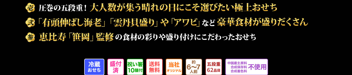 壱 圧巻の五段重!大人数が集う晴れの日にこそ選びたい極上おせち 弐 「有頭伸ばし海老」「雲丹貝盛り」や「アワビ」など豪華食材がもりだくさん 参 恵比寿「笹岡」監修の食材の彩りや盛り付けにこだわったおせち