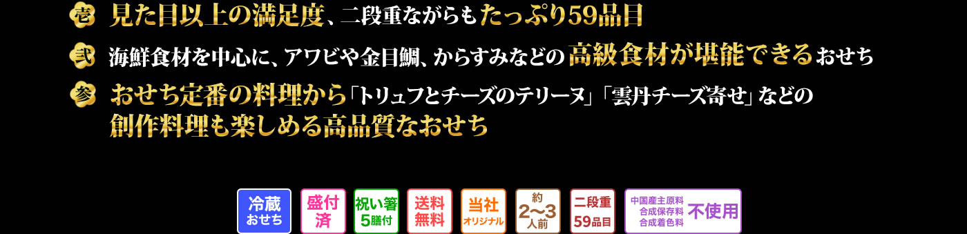 壱 見た目以上の満足度、二段重ながらもたっぷり59品目 弍 海鮮食材をを中心にアワビや金目鯛、からすみなどの高級食材が堪能できるおせち 参 おせち定番の料理から「トリュフとチーズのテリーヌ」「雲丹チーズ寄せ」などの創作料理も楽しめる高品質なおせち