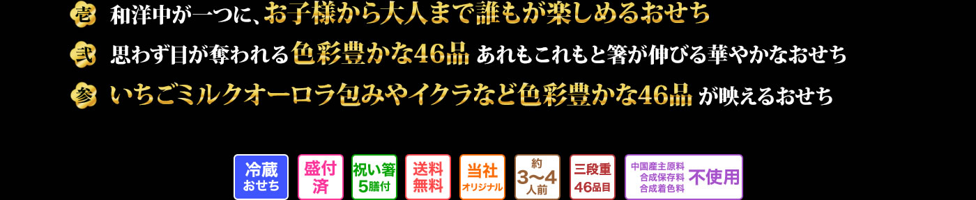 壱 和洋中が一つに、お子様から大人まで誰もが楽しめるおせち 弍 思わず目が奪われる色彩豊かな46品あれもこれもと箸が伸びる華やかなおせち 参 いちごミルクオーロラ包みやイクラなど色彩豊かな46品が映えるおせち