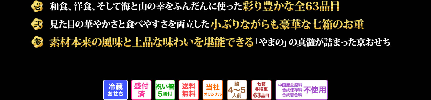 壱　和食、洋食、そして海と山の幸をふんだんに使った彩り豊かな全63品目 弍　見た目の華やかさと食べやすさを両立した、小ぶりながらも豪華な七箱のお重 参　素材本来の繊細な風味と上品な味わいを堪能できる、「やまの」の真髄が詰まった京おせち