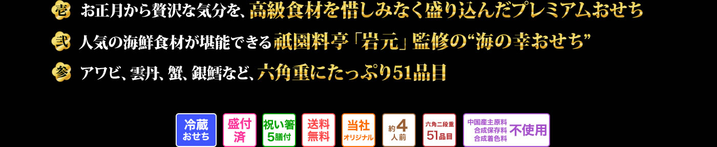 壱 お正月から贅沢な気分を、高級食材を惜しみなく盛り込んだプレミアムおせち 弐 人気の海鮮食材が堪能できる祇園料亭「岩元」監修の“海の幸おせち” 参 アワビ、雲丹、蟹、銀鱈など、六角重にたっぷり51品目