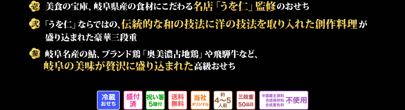 壱 美食の宝庫、岐阜県産の食材にこだわる名店「うを仁」監修のおせち 弍 「うを仁」ならではの、伝統的な和の技法に洋の技法を取り入れた創作料理が盛り込まれた豪華三段重 参 岐阜名産の鮎、ブランド鶏「奥美濃古地鶏」や飛騨牛など、岐阜の美味が贅沢に盛り込まれた高級おせち