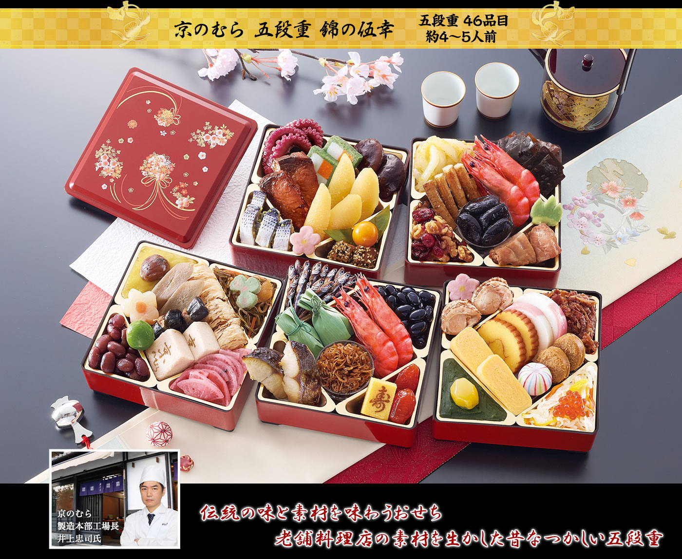 京のむら 五段重 錦の伍幸 素材の風味を活かした京の味わいがぎっしり46品目 食卓が華やぐ圧巻の5段重