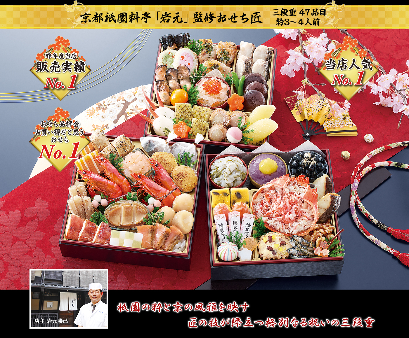 京都祇園料亭「岩元」監修おせち 匠 色鮮やかな見た目、味、内容、総合力が人気の祇園らしさ溢れる三段重