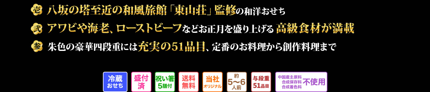 壱 八坂の塔至近の和風旅館「東山荘」監修の和洋おせち 弍 アワビや海老、ローストビーフなどお正月を盛り上げる高級食材が満載 参 朱色の豪華四段重には充実の51品目、定番のお料理から創作料理まで