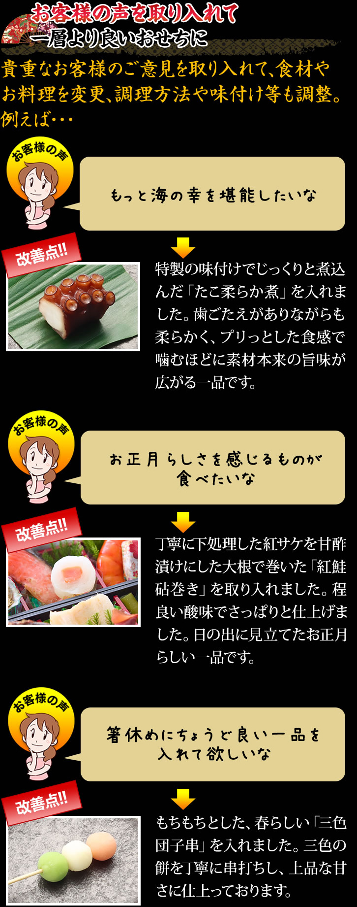 お客様の声を取り入れて一層より良いおせちに