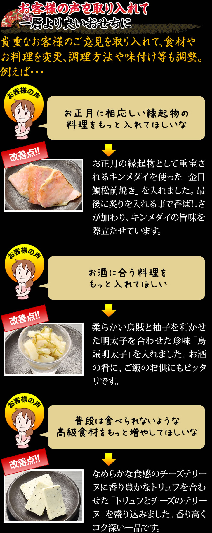 お客様の声を取り入れて一層より良いおせちに