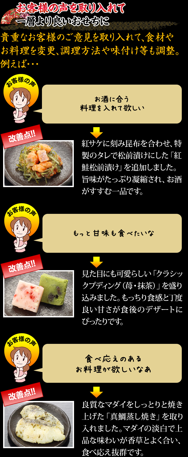 お客様の声を取り入れて一層より良いおせちに