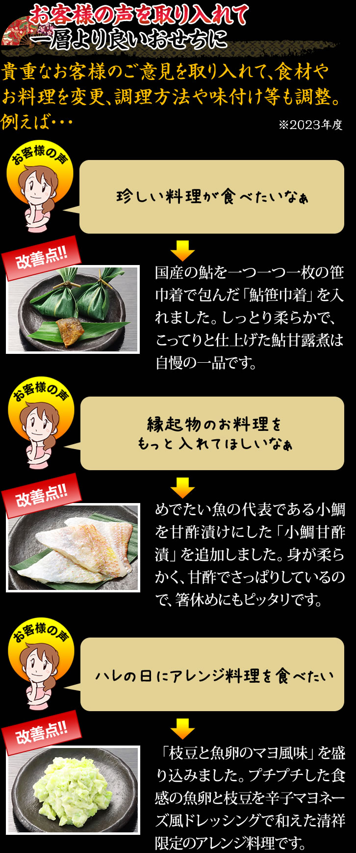 お客様の声を取り入れて一層より良いおせちに