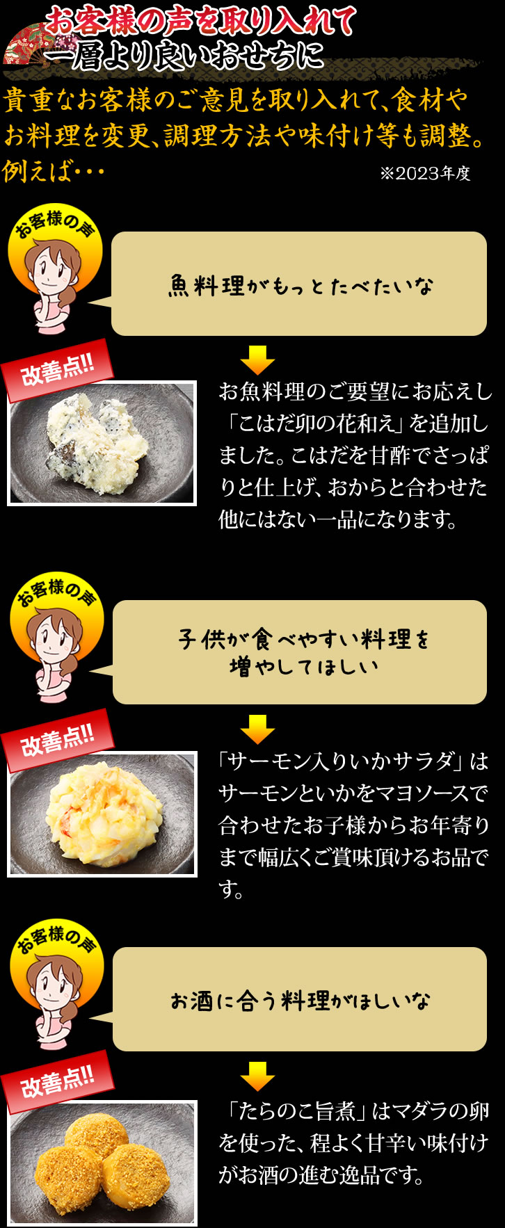 お客様の声を取り入れて一層より良いおせちに