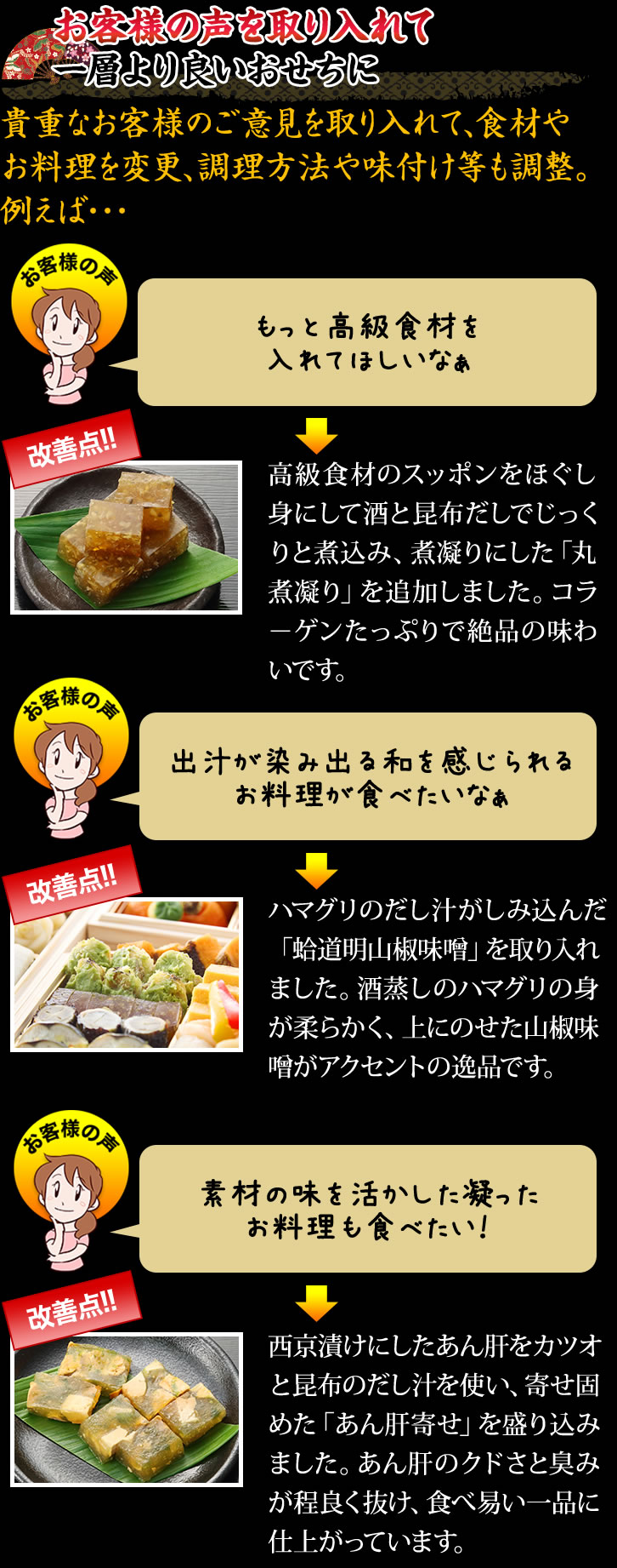 お客様の声を取り入れて一層より良いおせちに