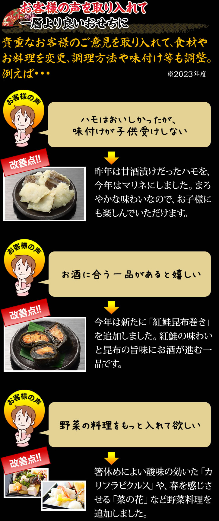お客様の声を取り入れて一層より良いおせちに