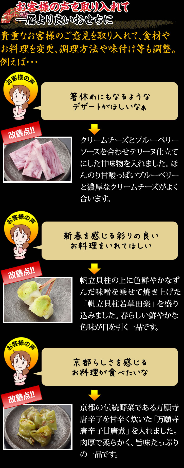 お客様の声を取り入れて一層より良いおせちに