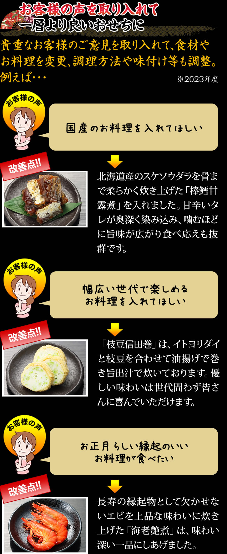 お客様の声を取り入れて一層より良いおせちに