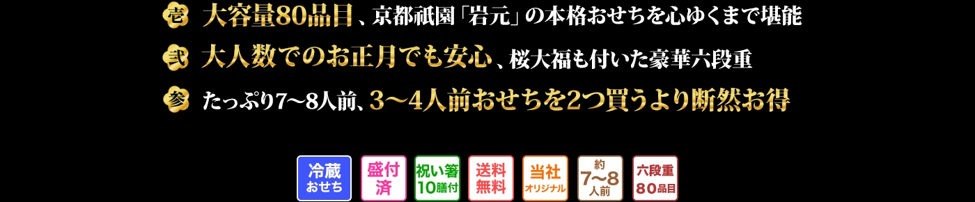 壱 大容量80品目、京都祇園「岩元」の本格おせちを心ゆくまで堪能 弐 大人数でのお正月でも安心、桜大福も付いた豪華六段重 参 たっぷり7~8人前、3~4人前おせちを2つ買うより断然お得