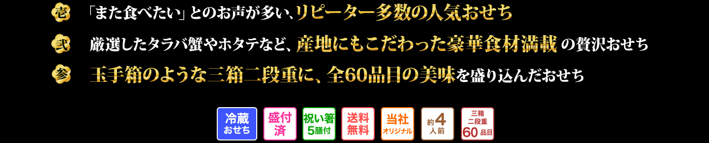 壱 毎年食べたくなる逸品が充実、リピーターに大人気のおせち 弐 新年を彩る豪華食材から雲丹新丈(蛤の殻)や鯖黄金焼きなど、素材を生かした京料理が満載 参 豪華絢燗！玉手箱を思わせる珍しい三箱二段重にたっぷりの67品目