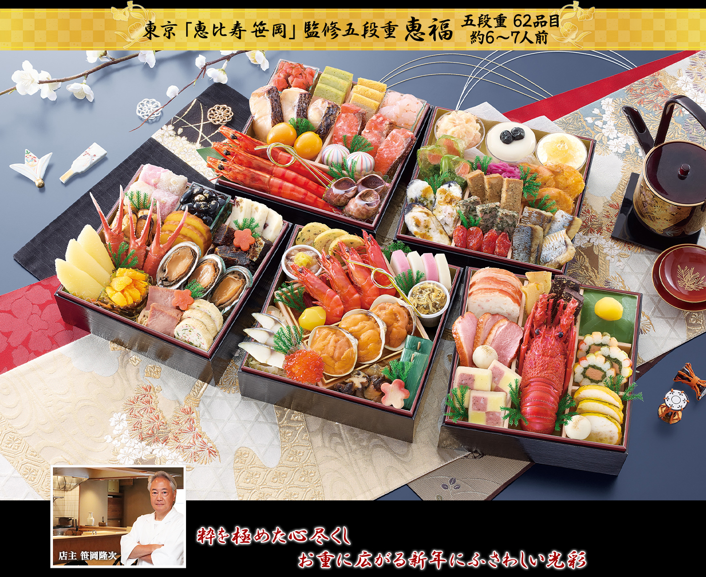 東京「恵比寿 笹岡」監修五段重 恵福 粋を極めた心尽くしお重に広がる新年にふさわしい光彩