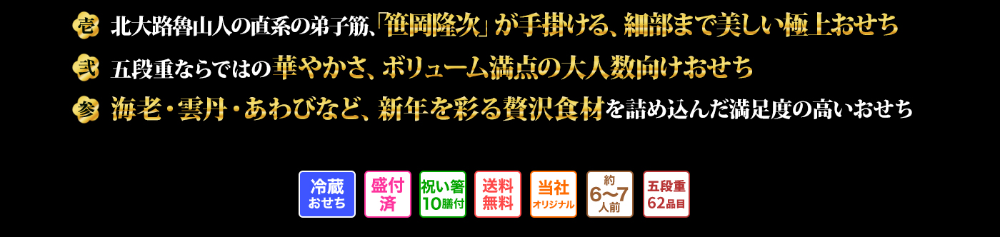 壱 北大路魯山人の直系の弟子筋、「笹岡隆次」が手掛ける、細部まで美しい極上おせち 弐 五段重ならではの華やかさ、ボリューム満点の大人数向けおせち 参 海老・雲丹・あわびなど、新年を彩る贅沢食材を詰め込んだ満足度の高いおせち