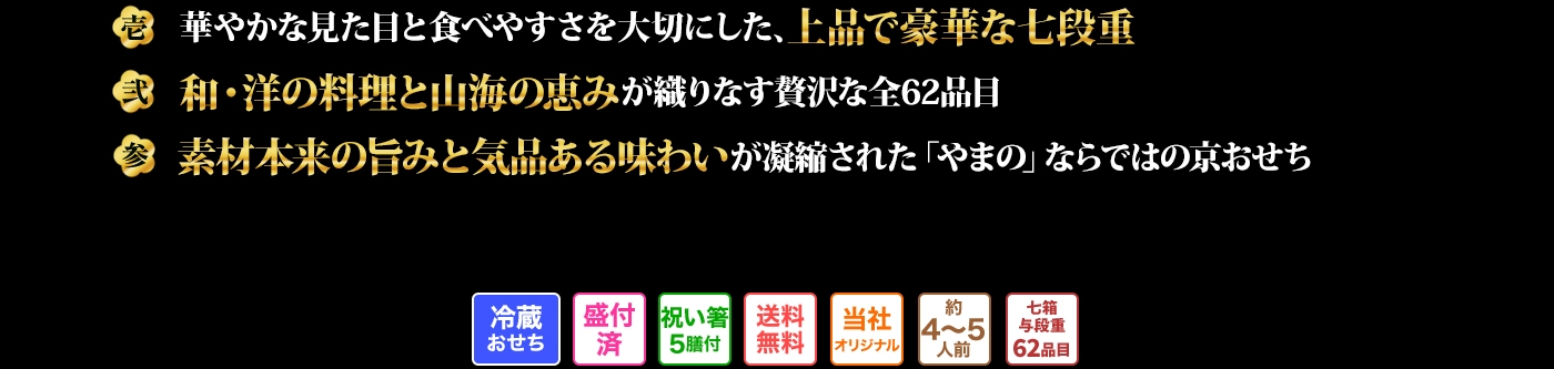 壱 華やかな見た目と食べやすさを大切にした、上品で豪華な七段重 弍 和・洋の料理と山海の恵みが織りなす贅沢な全62品目 参 素材本来の旨みと気品ある味わいが凝縮された「やまの」ならではの京おせち