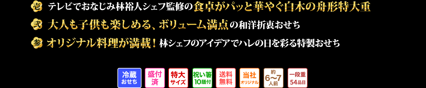壱 テレビでおなじみ林裕人シェフ監修華やかさ際立つく白木の舟形特大重 弐 「祝い鯛」や「ロブスター旨煮」、「蟹味噌甲羅盛り」など、豪華食材をふんだんに使用した全54品目のバラエティ豊かなおせち 参 創作料理から祝いのし紙、大漁旗まで、林シェフのアイデアが詰まった心づくしのおせち