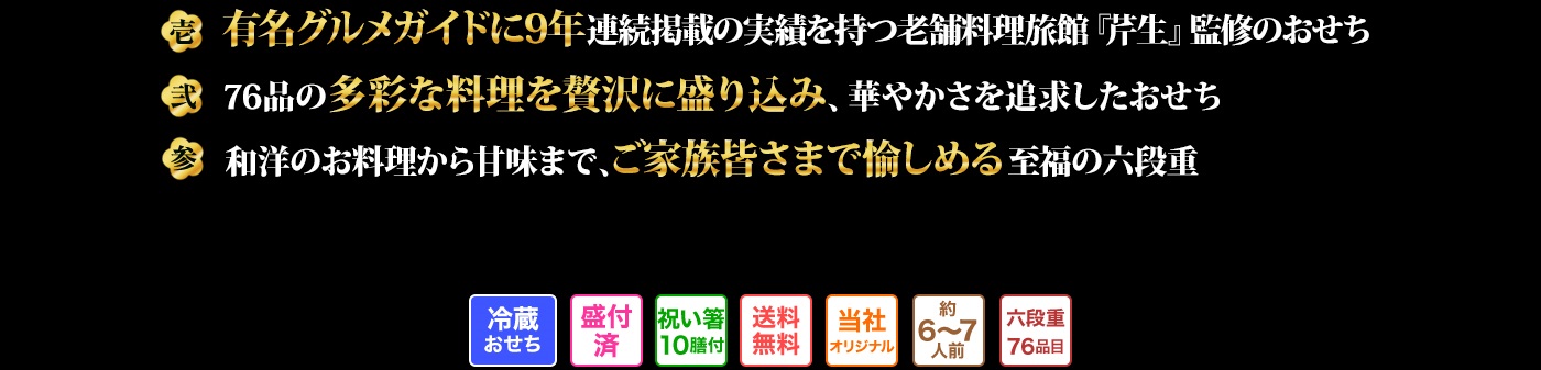 壱 有名グルメガイドに9年連続掲載の実績を持つ老舗料理旅館『芹生』監修のおせち 弍 76品の多彩な料理を贅沢に盛り込み、華やかさを追求したおせち 参 和洋のお料理から甘味まで、ご家族皆さまで愉しめる至福の六段重