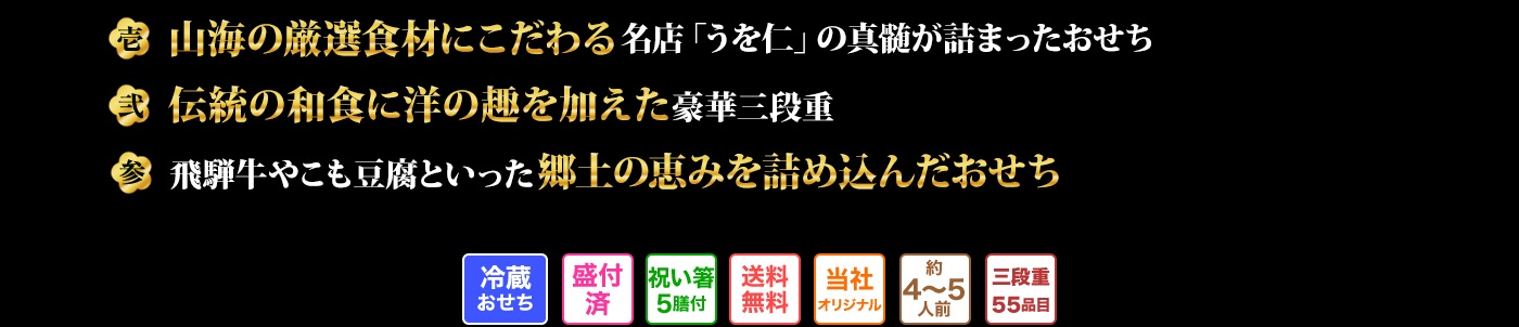 壱　美食の宝庫、岐阜県産の食材にこだわる名店「うを仁」監修のおせち 弍 「うを仁」ならではの、伝統的な和の技法に洋の技法を取り入れた創作料理が盛り込まれた豪華三段重 参　岐阜名産の鮎、ブランド鶏「奥美濃古地鶏」や飛騨牛など、岐阜の美味が贅沢に盛り込まれた高級おせち