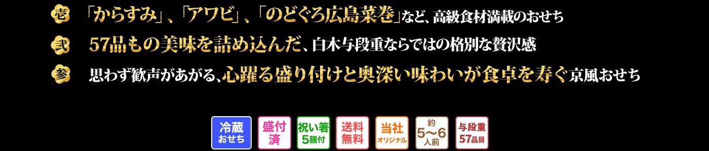 壱 「からすみ」、「アワビ」、「のどぐろ広島菜巻」など、高級食材満載のおせち 弍 57品もの美味を詰め込んだ、白木与段重ならではの格別な贅沢感 参 思わず歓声があがる、心躍る盛り付けと奥深い味わいが食卓を寿ぐ京風おせち