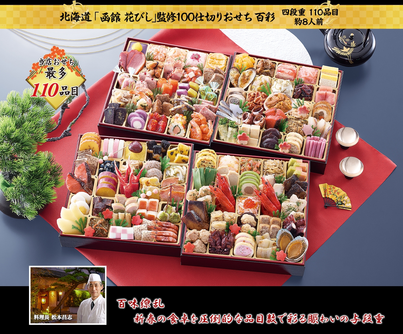 北海道「函館 花びし」監修100仕切りおせち 百彩 百味繚乱 新春の食卓を圧倒的な品目数で彩る賑わいの与段重